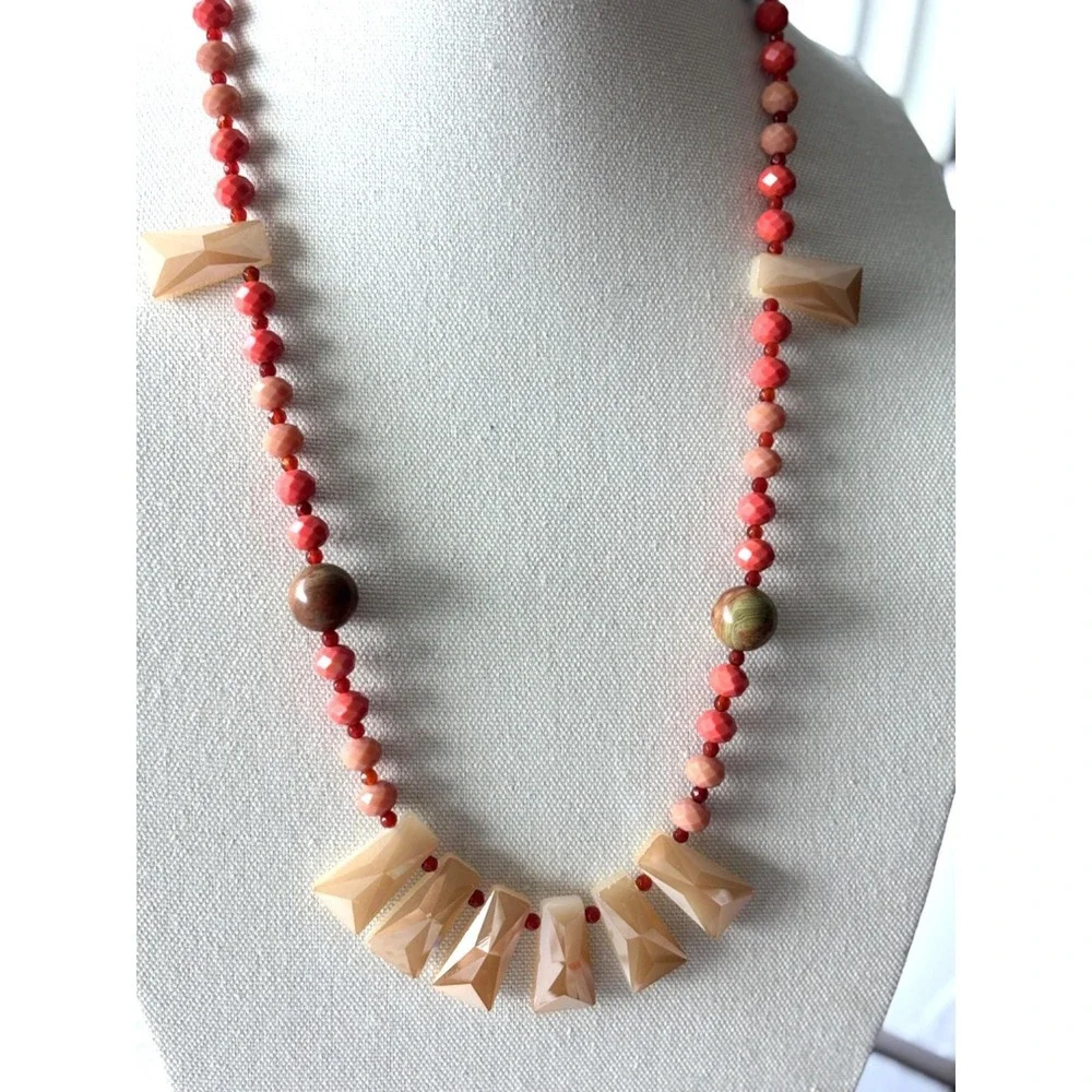 Handmade Red Beige Beaded Necklace With Faceted Beads & Gold Clasp